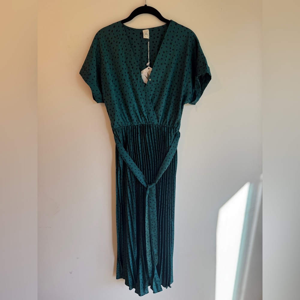 Paper Crane Teal Maxi Pleated Skirt Dress with Black Dots